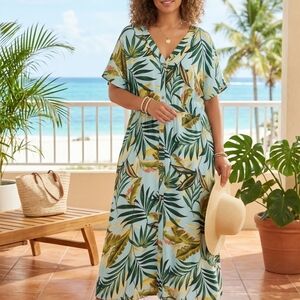 Liberty Love Tropical Leaf Button-Front Maxi Dress 3XL Plus Size Rayon